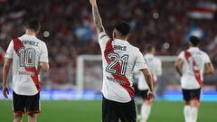 River Plate's midfielder Esequiel Barco celebrates after scoring the team's third goal against Estudiantes during their Argentine Professional Football League Tournament 2023 match at El Monumental stadium, in Buenos Aires, on July 15, 2023. (Photo by ALEJANDRO PAGNI / AFP)