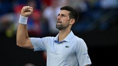 Novak Djokovic of Serbia celebrates winning his match.