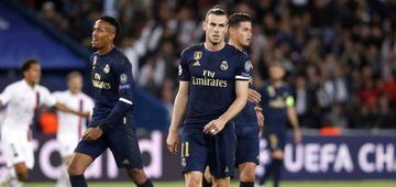 Gareth Bale, James Rodríguez and Éder Militão in Real Madrid's Champions League defeat to PSG in September.