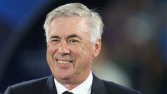 Real Madrid's Italian coach Carlo Ancelotti smiles before the UEFA Champions League 1st round day 2 Group C football match Napoli vs Real Madrid at the Diego Armando Maradona stadium in Naples on October 3, 2023. (Photo by Carlo HERMANN / AFP)