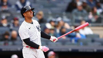 NEW YORK, NEW YORK - MAY 08: Gleyber Torres #25 of the New York Yankees hits a walk-off home run in the bottom of the ninth inning to defeat the Texas Rangers 2-1 at Yankee Stadium on May 08, 2022 in New York City.   Mike Stobe/Getty Images/AFP
== FOR NEWSPAPERS, INTERNET, TELCOS & TELEVISION USE ONLY ==