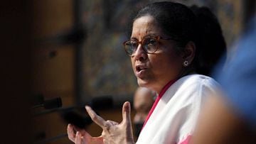 Indian Finance Minister Nirmala Sitharaman addresses a press conference on the $266 billion stimulus package announced by Prime Minister Narendra Modi, amid the ongoing coronavirus pandemic. 