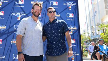 LOS ANGELES, CA - JULY 18:  Clayton Kershaw #22 of the Los Angeles Dodgers and Shane McClanahan #18 of the Tampa Bay Rays pose for a photo after the All-Star Press Conference at Dodger Stadium on Monday, July 18, 2022 in Los Angeles, California. (Photo by Rob Tringali/MLB Photos via Getty Images)
