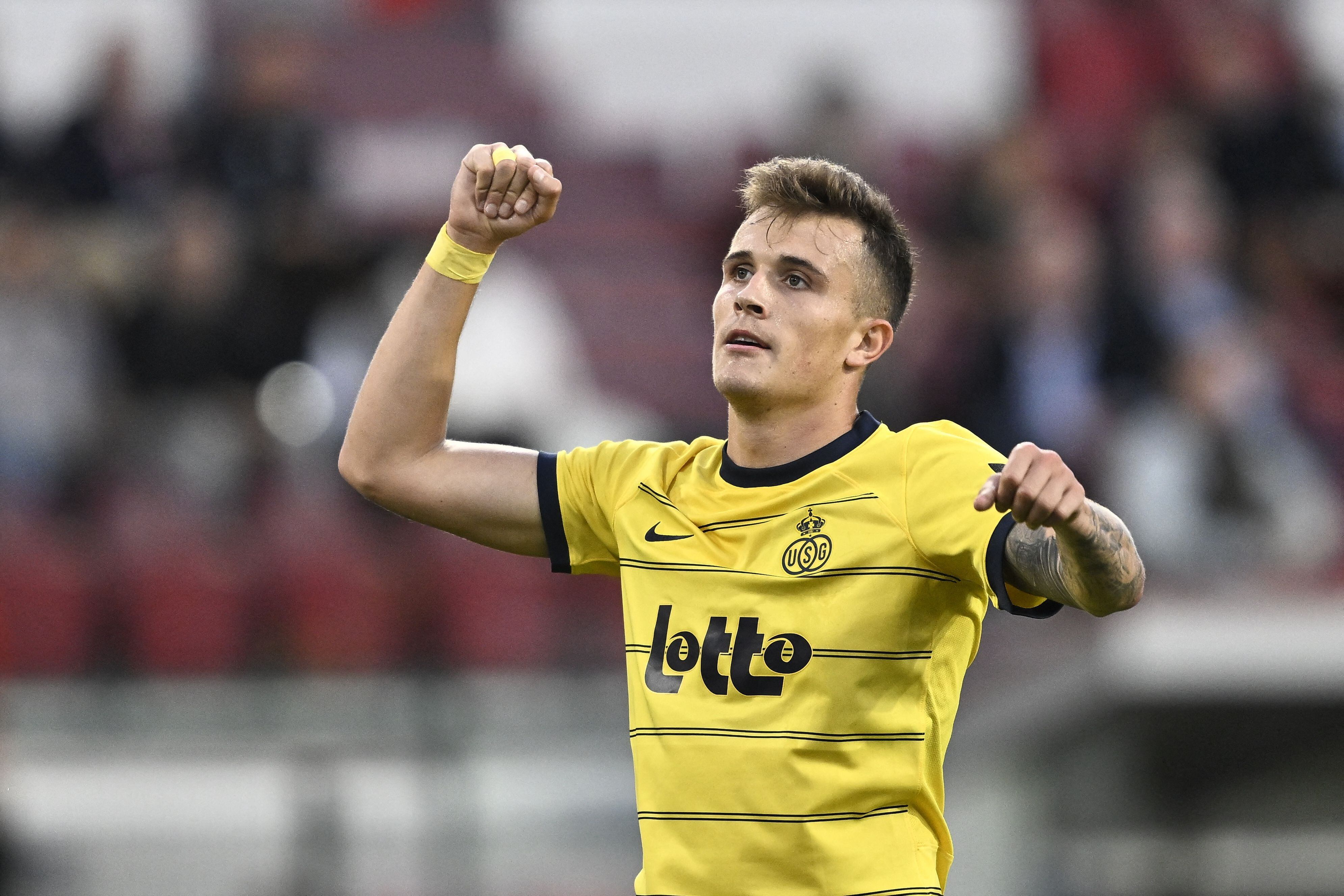 Union's German forward Dennis Eckert Ayensa celebrates scoring his team's first goal during the Belgian ProLeague football match between Standard de Liege and Royale Union SG in Liege on August 4, 2023. (Photo by Johan Eyckens / Belga / AFP) / Belgium OUT