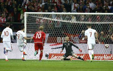 Robert Lewandowski wrong-foots Kaspar Schmeichel in the Denmark goal to tuck home his second goal