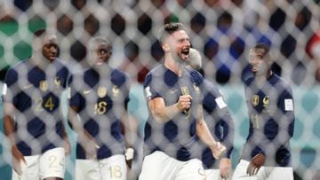 AL WAKRAH, QATAR - NOVEMBER 22: Olivier Giroud of France celebrates after scoring their team's fourth goal during the FIFA World Cup Qatar 2022 Group D match between France and Australia at Al Janoub Stadium on November 22, 2022 in Al Wakrah, Qatar. (Photo by Elsa/Getty Images)