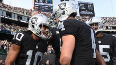 Nov 27, 2016; Oakland, CA, USA; Oakland Raiders wide receiver Seth Roberts (10) celebrates with quarterback Derek Carr (4) his touchdown scored against the Carolina Panthers during the first half at Oakland-Alameda County Coliseum. Mandatory Credit: Kirby Lee-USA TODAY Sports