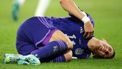 DOHA, QATAR - NOVEMBER 30: Angel Di Maria of Argentina goes down with an injury during the FIFA World Cup Qatar 2022 Group C match between Poland and Argentina at Stadium 974 on November 30, 2022 in Doha, Qatar. (Photo by Adam Pretty - FIFA/FIFA via Getty Images)