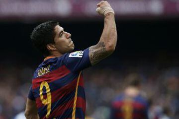 Min 60 | Luis Suarez celebrates his second, and Barça's third, goal with a good old fisty pump. Nice tat!