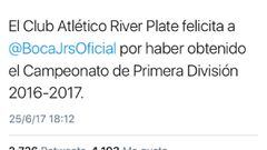 River Plate felicita a Boca Juniors por su t&iacute;tulo de liga.