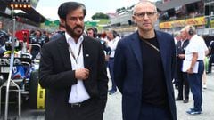 SPIELBERG, AUSTRIA - JULY 10: Stefano Domenicali, CEO of the Formula One Group, and Mohammed ben Sulayem, FIA President, look on from the grid during the F1 Grand Prix of Austria at Red Bull Ring on July 10, 2022 in Spielberg, Austria. (Photo by Lars Baron - Formula 1/Formula 1 via Getty Images)