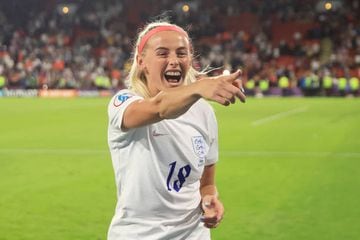 Chloe Kelly of England celebrates after victory in  the UEFA Women's Euro 2022 Semi Final match between England and Sweden at Bramall Lane.