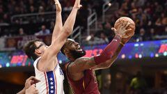 Dec 9, 2017; Cleveland, OH, USA; Cleveland Cavaliers forward LeBron James (23) drives to the basket against Philadelphia 76ers forward Dario Saric (9) during the first quarter at Quicken Loans Arena. Mandatory Credit: Ken Blaze-USA TODAY Sports