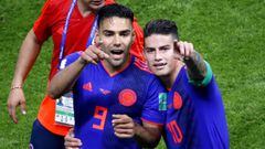 Falcao Garc&iacute;a y James Rodr&iacute;guez celebrando un gol con la Selecci&oacute;n Colombia en el Mundial de Rusia 2018.