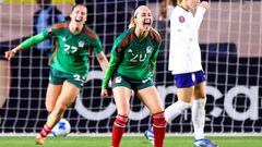 Feb 26, 2024; Carson, California, USA; Mexico forward Mayra Pelayo (20) celebrates after scoring a goal against the United States during the second half of a game at Dignity Health Sports Park. Mandatory Credit: Jessica Alcheh-USA TODAY Sports      TPX IMAGES OF THE DAY