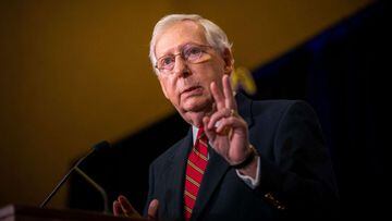 LOUISVILLE, KY - NOVEMBER 04: Senate Majority Leader Mitch McConnell (R-KY), gestures while giving election remarks at the Omni Louisville Hotel on November 4, 2020 in Louisville, Kentucky. McConnell has reportedly defeated his opponent, Democratic U.S. S