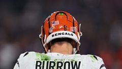 BALTIMORE, MARYLAND - NOVEMBER 16: Joe Burrow #9 of the Cincinnati Bengals looks on against the Baltimore Ravens during the second quarter of the game at M&T Bank Stadium on November 16, 2023 in Baltimore, Maryland.