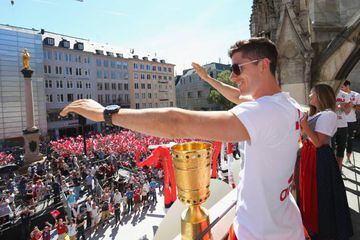 Lewandowski celebrates Bayern's German Cup win in Munich.