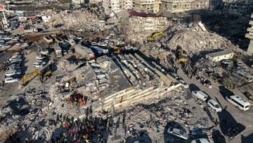 MARAS, TURKEY - FEBRUARY 9: Drone view of destroyed buildings as search and rescue efforts continue on February 9, 2023 in Maras, Türkiye. An earthquake with a magnitude of 7.8 occurred in the Pazarcık district of Kahramanmaraş at 04:17; and also at 13.24, two earthquakes with a magnitude of 7.6 occurred in the district of Elbistan. (Photo by Ahmet Akpolat / dia images via Getty Images)