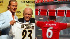 Beckham y Di St&eacute;fano, durante su presentaci&oacute;n con el Madrid y un fan con la ropa de Pogba.
