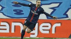 Zlatan Ibrahimovic wheels away after scoring against Olympique Marseille. 07/02/2016