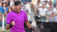 Juan Martin Del Potro of Argentina reacts after a point as he plays against Japanese Kei Nishikori during the ATP Tennis Open tournament on May 18, 2017 at the Foro Italico in Rome, Italy.  / AFP PHOTO / TIZIANA FABI