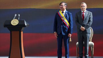 Gustavo Petro stands next to Senate President Roy Barreras during his swearing-in ceremony at Plaza Bolivar, in Bogota, Colombia August 7, 2022. REUTERS/Luisa Gonzalez