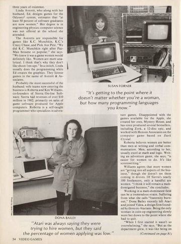 Página del reportaje "Welcome to the club", de la revista Video Games. En la fotografía de la parte inferior vemos a Dona Bailey. A pie de foto: "Atari siempre decía que querían contratar mujeres, pero que apenas recibían candidaturas de éstas".