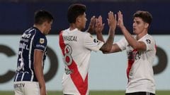 River Plate&#039;s forward Julian Alvarez (R) celebrates with his teammate Colombian midfielder Jorge Carrascal after scoring the team&#039;s second goal against Godoy Cruz during their Argentina First Division 2020 Liga Profesional de Futbol tournament m