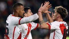 River Plate's Venezuelan forward Salomon Rondon (L) celebrates with teammates after scoring his team�s fourth goal against Barracas Central during the Professional League Cup football match at El Monumental stadium in Buenos Aires on August 27, 2023. (Photo by ALEJANDRO PAGNI / AFP)