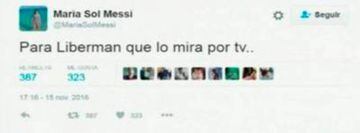 Tuit de Maria Sol Messi a Liberman que fue borrado después