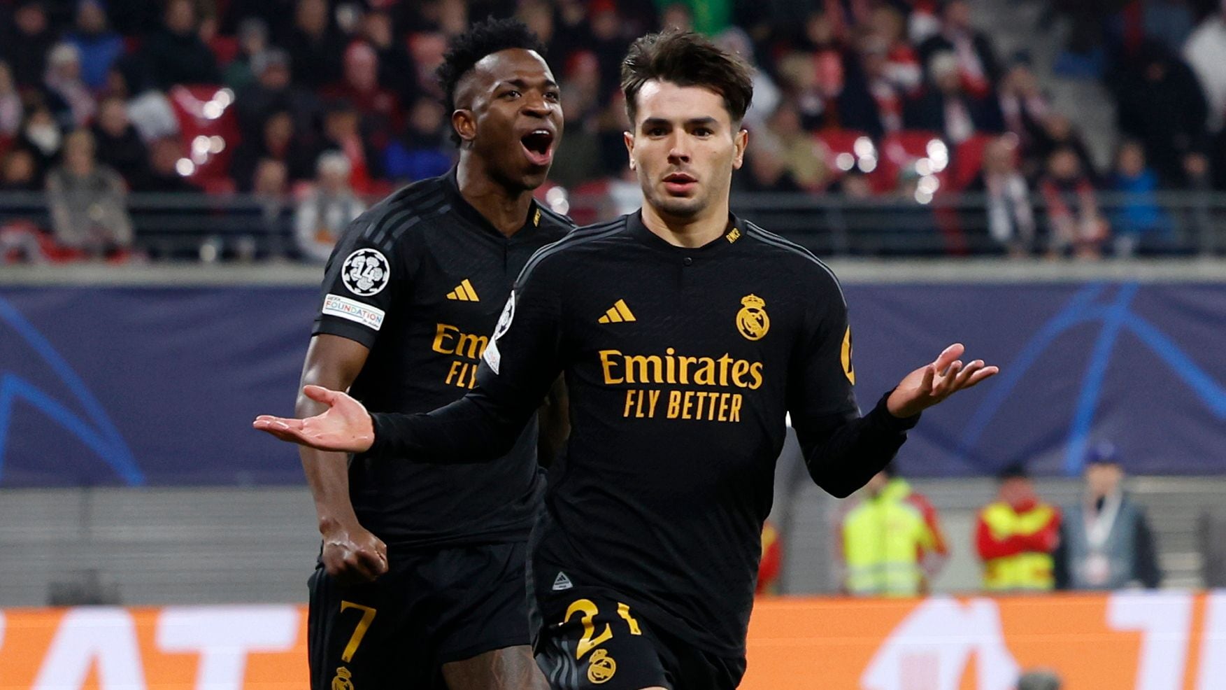 Brahim Díaz celebra el gol que marcó al RB Leipzig en el partido de ida de octavos de final de la Champions.