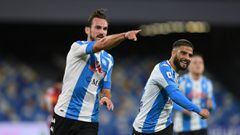 NAPLES, ITALY - NOVEMBER 29: Fabian of SSC Napoli celebrates with teammate Lorenzo Insigne after scoring their sides second goal during the Serie A match between SSC Napoli and AS Roma at Stadio San Paolo on November 29, 2020 in Naples, Italy. Sporting st