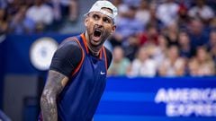 Australia's Nick Kyrgios reacts during his 2022 US Open Tennis tournament men's singles Round of 16 match against Russia's Daniil Medvedev at the USTA Billie Jean King National Tennis Center in New York, on September 4, 2022. (Photo by COREY SIPKIN / AFP)