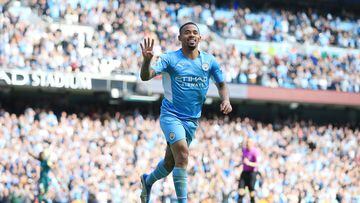 MANCHESTER, ENGLAND - APRIL 23: Gabriel Jesus of Manchester City celebrates after scoring their 5th goal during the Premier League match between Manchester City and Watford at Etihad Stadium on April 23, 2022 in Manchester, United Kingdom. (Photo by Simon Stacpoole/Offside/Offside via Getty Images)
PUBLICADA 26/04/22 NA MA07 1COL