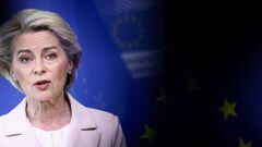 European Commission President Ursula von der Leyen makes a statement in Brussels on April 27, 2022, following the decision by Russian energy giant Gazprom to halt gas shipments to Poland and Bulgaria in Moscow&#039;s latest use of gas as a weapon in the c