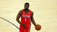Apr 18, 2021; New York, New York, USA; New Orleans Pelicans forward Zion Williamson (1) looks to pass against the New York Knicks during the first half at Madison Square Garden. Mandatory Credit: Adam Hunger/POOL PHOTOS-USA TODAY Sports