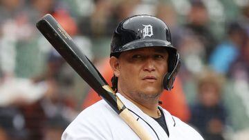 DETROIT, MICHIGAN - SEPTEMBER 28: Miguel Cabrera #24 of the Detroit Tigers prepares to bat in the seventh inning against the Kansas City Royals at Comerica Park on September 28, 2023 in Detroit, Michigan. The game was suspended in the fifth inning due to weather and was completed on Thursday September 28th.   Gregory Shamus/Getty Images/AFP (Photo by Gregory Shamus / GETTY IMAGES NORTH AMERICA / Getty Images via AFP)