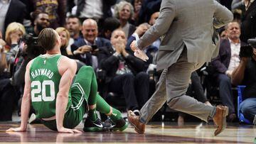 Oct 17, 2017; Cleveland, OH, USA; Boston Celtics forward Gordon Hayward (20) sits on the court after injuring his ankle during the first half against the Cleveland Cavaliers at Quicken Loans Arena. Mandatory Credit: Ken Blaze-USA TODAY Sports     TPX IMAGES OF THE DAY