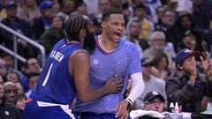 Jan 23, 2024; Los Angeles, California, USA; Los Angeles Clippers guard Russell Westbrook (0) celebrates after a 3-point basket by guard James Harden (1) in the first half against the Los Angeles Lakers at Crypto.com Arena. Mandatory Credit: Jayne Kamin-Oncea-USA TODAY Sports