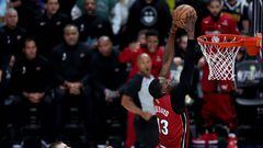 DENVER, COLORADO - JUNE 12: Bam Adebayo #13 of the Miami Heat drives to the basket during the first quarter against the Denver Nuggets in Game Five of the 2023 NBA Finals at Ball Arena on June 12, 2023 in Denver, Colorado. NOTE TO USER: User expressly acknowledges and agrees that, by downloading and or using this photograph, User is consenting to the terms and conditions of the Getty Images License Agreement.   Matthew Stockman/Getty Images/AFP (Photo by MATTHEW STOCKMAN / GETTY IMAGES NORTH AMERICA / Getty Images via AFP)