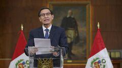 Lima (Peru), 04/08/2020.- A handout photo made available by the Press Office of the Presidency of Peru that shows President Martin Vizcarra, while delivering a speech at the Government Palace in Lima, Peru, 04 August 2020. Vizcarra announced the formation