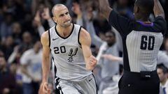 San Antonio Spurs guard Manu Ginobili (20) clenches his fist after scoring against the Phoenix Suns during the second half of an NBA basketball game Friday, Jan. 5, 2018, in San Antonio. San Antonio won 103-89. (AP Photo/Eric Gay)