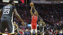 Jan 20, 2018; Houston, TX, USA; Houston Rockets guard Chris Paul (3) makes a three point basket during the second quarter against the Golden State Warriors at Toyota Center. Mandatory Credit: Troy Taormina-USA TODAY Sports