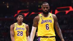 LOS ANGELES, CALIFORNIA - APRIL 05: LeBron James #6 of the Los Angeles Lakers and Rui Hachimura #28 react as they walk up court during the first half against the LA Clippers at Crypto.com Arena on April 05, 2023 in Los Angeles, California. NOTE TO USER: User expressly acknowledges and agrees that, by downloading and or using this photograph, User is consenting to the terms and conditions of the Getty Images License Agreement.   Harry How/Getty Images/AFP (Photo by Harry How / GETTY IMAGES NORTH AMERICA / Getty Images via AFP)
