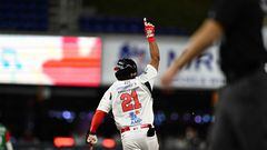 Panama's outfielder #21 Jonny Yussef Santos celebrates after winning the game by hitting a home run during the Caribbean Series baseball game between Mexico and Panama at LoanDepot Park in Miami, Florida, on February 3, 2024. (Photo by Chandan Khanna / AFP)