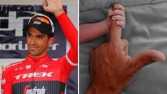 Im&aacute;genes de Alberto Contador en un podium durante su carrera de ciclista y de la mano de su hijo reci&eacute;n nacido apretando su dedo &iacute;ndice.