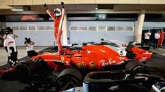 BAHRAIN, BAHRAIN - APRIL 08:  Race winner Sebastian Vettel of Germany and Ferrari celebrates in parc ferme during the Bahrain Formula One Grand Prix at Bahrain International Circuit on April 8, 2018 in Bahrain, Bahrain.  (Photo by Charles Coates/Getty Ima