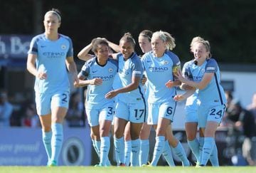 Steph Houghton of Manchester City celebrates after scoring their first goal during the WSL match between Arsenal Ladies and Manchester City Ladies at Meadow Park on September 11, 2016