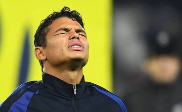 Thiago Silva closing his eyes ahead of the French L1 football match between Paris Saint-Germain and Angers at the Parc des Princes stadium in Paris.